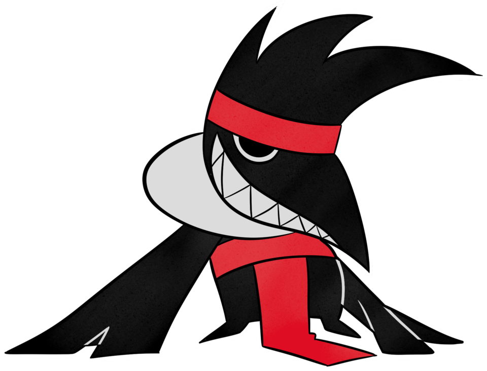 Kalku, the mascot of kalku: a black condor in a red headband and scarf, grinning with a mouthful of teeth